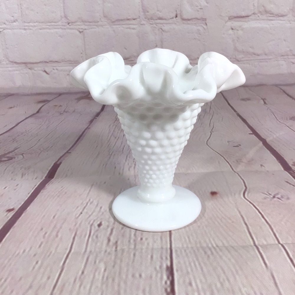 Vintage Fenton Milk Glass Fluted Hobnail Trumpet Vase